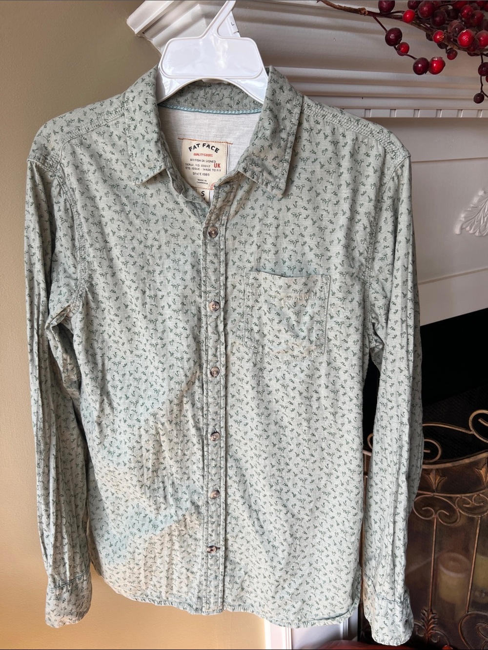 Fat Face Men's Sage Green Micro-Print Button-Down Shirt Size Small S